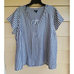 Torrid Womens Gold Lurex Stripe Blouse Blue White Shirt Short Sleeve Top Sz 3